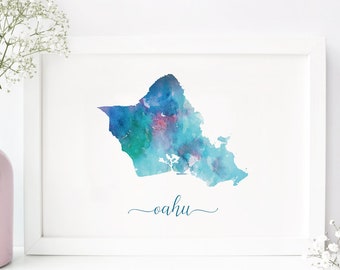 Cartel imprimible de Oahu - Impresión digital de Hawái - Regalo para amante de los viajes - Acuarela de Hawái - Impresión de mapas de Oahu - regalo de viaje - impresión de acuarela