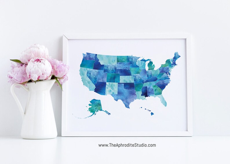 USA Map Print - United States Map Print - Teal Watercolor US Map Print ...