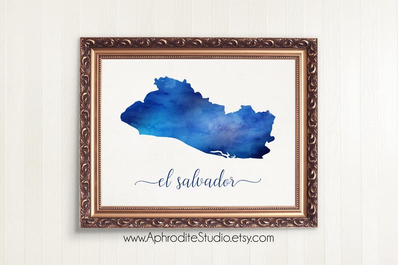 May include: A watercolor painting of El Salvador in shades of blue, framed in a gold ornate frame. The text "el salvador" is written in cursive below the map.