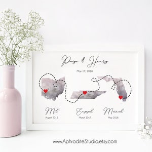 May include: A watercolor print of a map showing the states of Ohio, Tennessee, and Florida. The states are connected by a dotted line with red hearts marking the locations of "Met", "Engaged", and "Married". The text "Paige & Henry" and "May 19, 2018" are at the top of the print. The text "Met August 2012", "Engaged March 2017", and "Married May 2018" are below the map. The website address "www.AphroditeStudio.etsy.com" is at the bottom of the print.