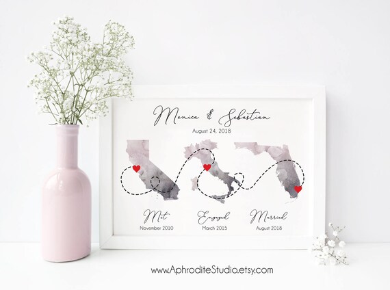 Met Engaged Married digital print - Met engaged married map - Personalized wedding gift wedding states map Honeymoon print love story print