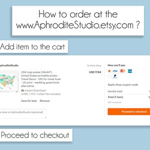 May include: A screenshot of an Etsy shop checkout page showing a USA map poster for sale. The poster is 34 inches by 44 inches and is described as a printable poster, travel decor, and a gift for travel lovers. The price is USD 17.84. The checkout page includes options to pay with Visa, Mastercard, and PayPal.