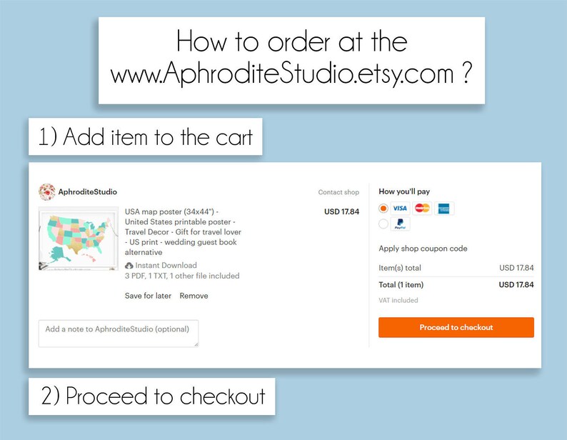 May include: A screenshot of an Etsy shop checkout page showing a USA map poster for sale. The poster is 34 inches by 44 inches and is described as a printable poster, travel decor, and a gift for travel lovers. The price is USD 17.84. The checkout page includes options to pay with Visa, Mastercard, and PayPal.