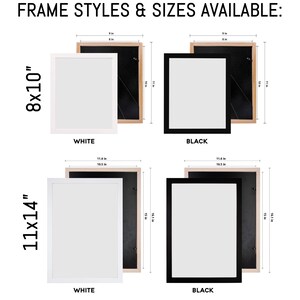 May include: Two sizes of picture frames, 8x10 inches and 11x14 inches, are shown in both white and black. The frames are made of wood and have a simple, modern design.