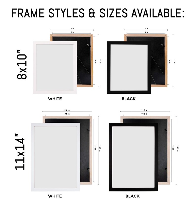 May include: Two sizes of picture frames, 8x10 inches and 11x14 inches, are shown in both white and black. The frames are made of wood and have a simple, modern design.
