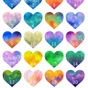 May include: A chart of 24 watercolor heart shapes in different colors. Each heart is numbered from 1 to 24.
