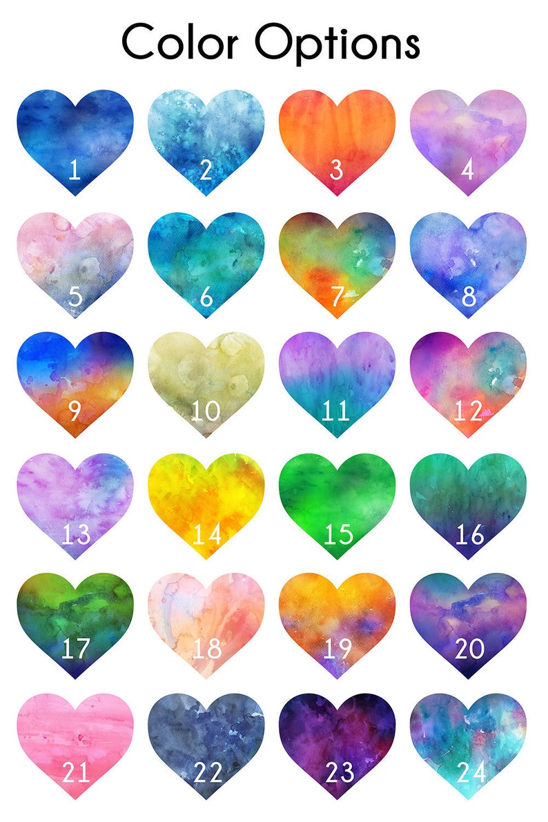May include: A chart of 24 watercolor heart shapes in different colors. Each heart is numbered from 1 to 24.
