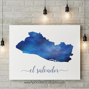 May include: A watercolor painting of El Salvador, a country in Central America. The map is painted in shades of blue and white, with the text "el salvador" written in cursive below the map.