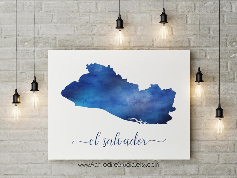 May include: A watercolor painting of El Salvador, a country in Central America. The map is painted in shades of blue and white, with the text "el salvador" written in cursive below the map.