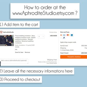 May include: Screenshot of an Etsy shop page showing a floral wedding invitation suite with a navy blue, marsala, and botanical design. The invitation is available for purchase for $38.99 and includes four cards. The page also includes instructions on how to order and pay for the invitation.