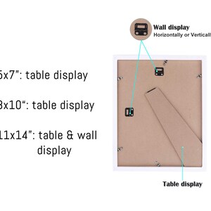 May include: White picture frame with a brown backing. The frame can be displayed on a table or hung on a wall. The frame is available in three sizes: 5x7 inches, 8x10 inches, and 11x14 inches.