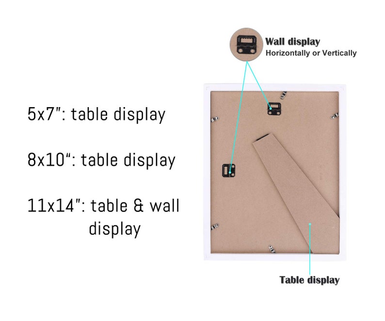 May include: White picture frame with a brown backing. The frame can be displayed on a table or hung on a wall. The frame is available in three sizes: 5x7 inches, 8x10 inches, and 11x14 inches.