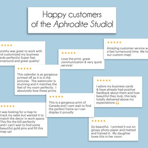 May include: A collage of customer reviews for the Aphrodite Studio, featuring positive feedback on the quality of products and services. The reviews highlight the studio's ability to customize products, provide fast turnaround times, and deliver high-quality results. The reviews mention products such as business cards, maps, calendars, and prints.