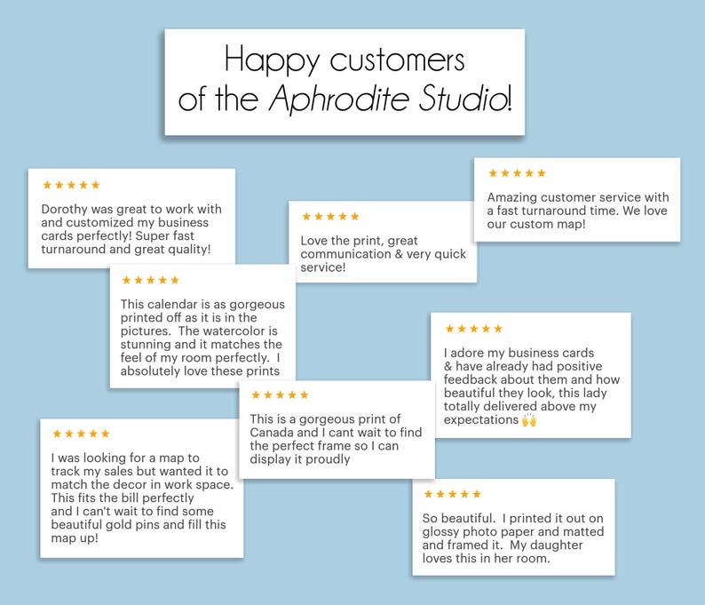 May include: A collage of customer reviews for the Aphrodite Studio, featuring positive feedback on the quality of products and services. The reviews highlight the studio's ability to customize products, provide fast turnaround times, and deliver high-quality results. The reviews mention products such as business cards, maps, calendars, and prints.