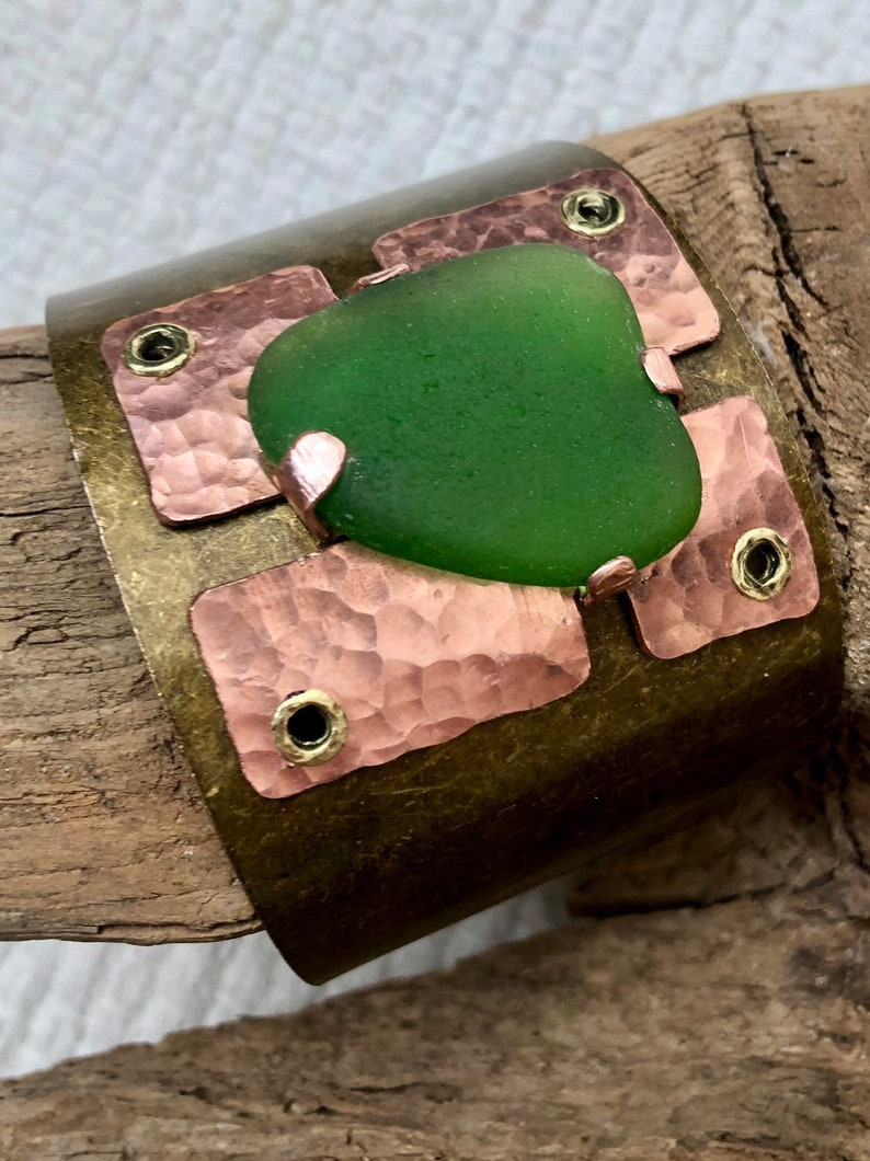 Copper and bronze cuff bracelet Rustic Lake Michigan Beach Glass