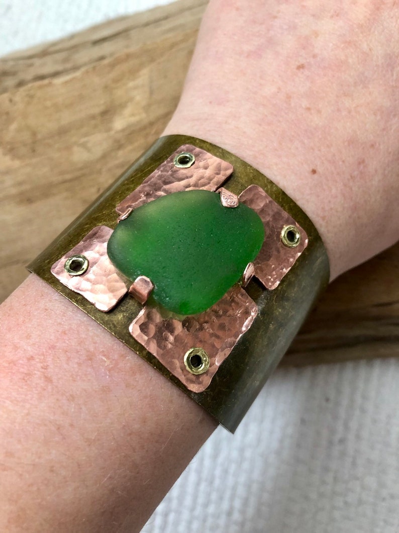 Copper and bronze cuff bracelet Rustic Lake Michigan Beach Glass