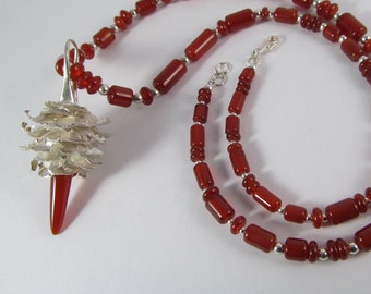 Carnelian & Sterling Silver Necklace with Tree Cone Pendant - FREE Shipping