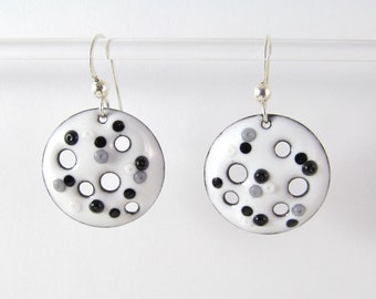 Full Moon 0.8" White, Black and Gray Enameled Earrings - FREE SHIPPING