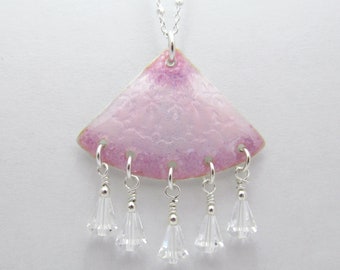 Pink Fan Ombre Enameled and Textured Silver Pendant with Crystal Beads - FREE SHIPPING