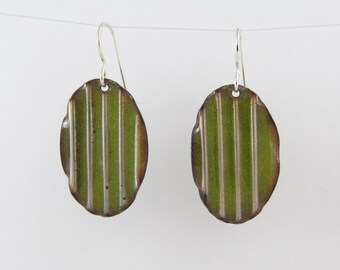 Corrugated Grunge Green Enameled Copper Earrings - FREE SHIPPING