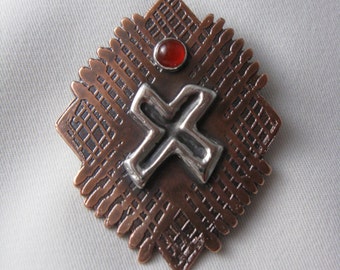 Crisscrossed Copper & Silver Pendant-Brooch with Carnelian - FREE Shipping