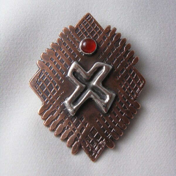 Crisscrossed Copper & Silver Pendant-Brooch with Carnelian - FREE Shipping