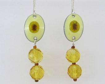 Yellow "Bouquet" Enameled Dangle Earrings with Faceted Citrine Beads - FREE SHIPPING