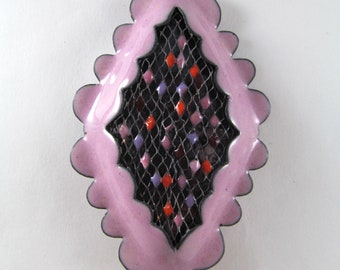 Scalloped Diamond Pink and Multicolored Enameled Copper Brooch - FREE SHIPPING