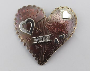 Love Bridges the Divide Copper & Silver Brooch - FREE Shipping