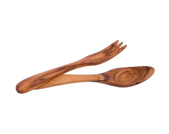 Ensemble de service à salade en bois, fourchette + cuillère / en bois d'olivier - 21 cm / 8,27" - AKwood - Bel ensemble sculpté à la main pour servir des salades.