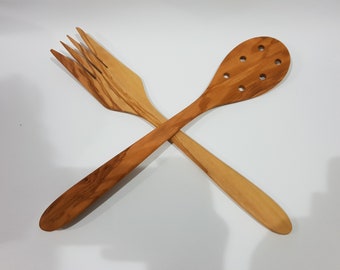 Wooden Set of Big Fork (Forchettone) + Big Spatula with 6 holes 13.78 Inches - AKwood - You will get what you see!