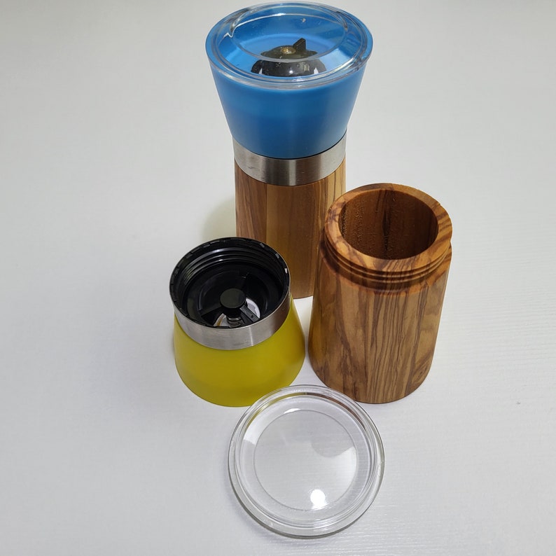 Set of 2 Small Grinders for Salt and Pepper from Olive Wood with ceramic mechanism Perfect Gift Yellow and Blue image 8