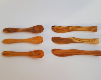 Set of 3 small egg spoons + Set of 3 small butter knives / spreaders - 100% Olive Wood - AKwood