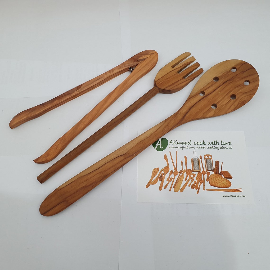 3 Unique Olive Wood Cooking Utensils Set of Big Spatula Tong Etsy UK