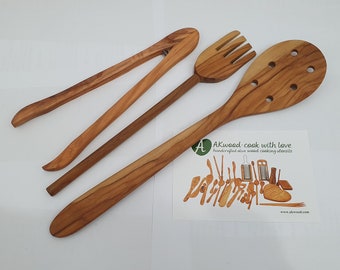 3 Unique Olive Wood Cooking Utensils, Set of Big Spatula, Tong and Fork | Handmade | What you see is what you get | #AKwood #V09