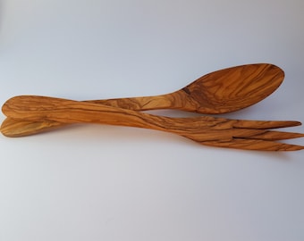 Olive Wood Curved Salad Server (Set of Spoon + Fork) - in 5 different sizes - Handmade in Albania - Cooking Tools