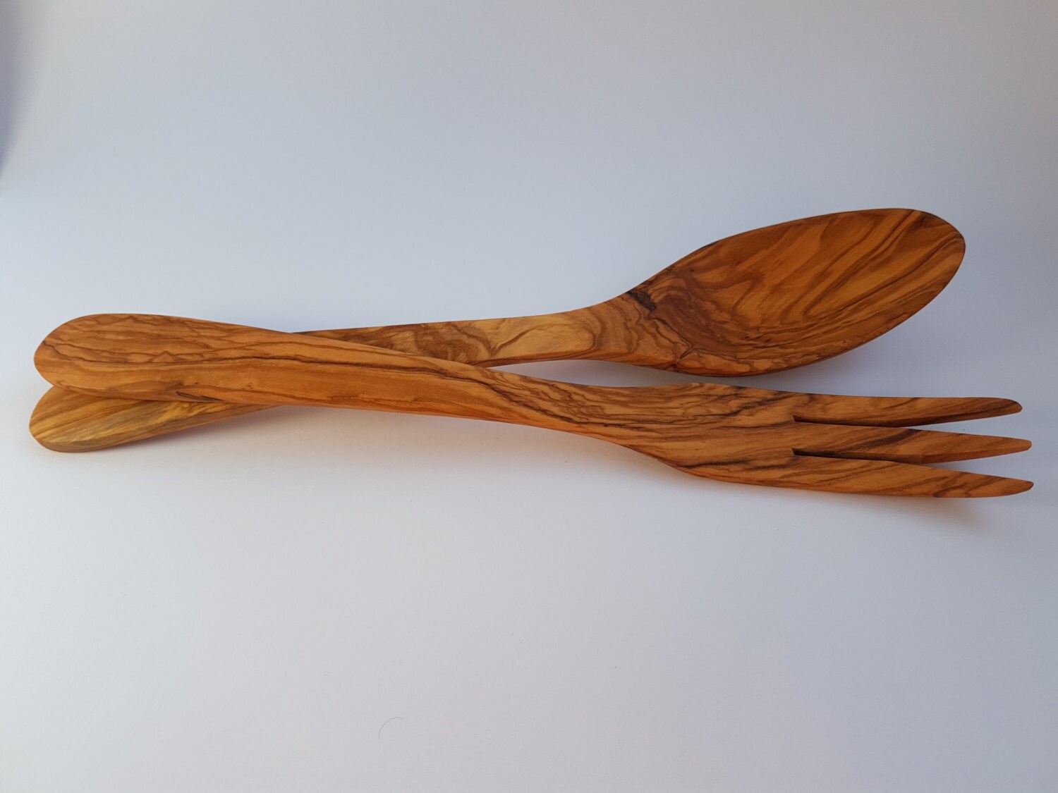 Olive Wood Curved Salad Server (Set of Spoon + Fork) - in 5 different sizes - Handmade in Albania - Cooking Tools