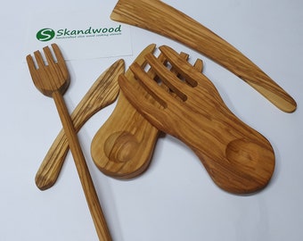 Juego de cocina de madera de olivo / conjunto de mano curvado + horquilla de agitación + cuchillo + espátula - Skandwood 100% Bio Productos Lo que ves es lo que obtienes #E36