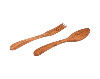 Olive Wood Curved Salad Server (Spoon + Fork) 25 cm / 9.84" - AKwood - Wooden Set of Spoon and Fork - Great gift