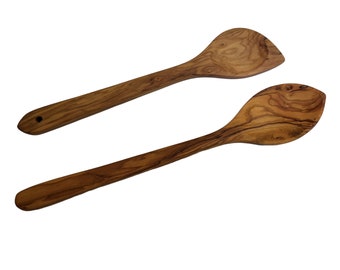 Set of 2 Wooden Spoons - Multipurpose 13.78" Olive-Wood Spoon + Straight Spoon 11.81 Inches - You will get what you see! #R11