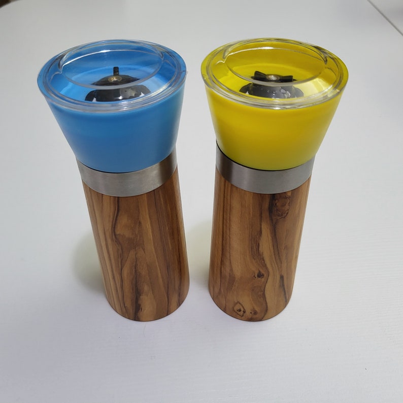 Set of 2 Medium Grinders for Salt and Pepper from Olive Wood with ceramic mechanism Perfect Gift Blue and Yellow image 2