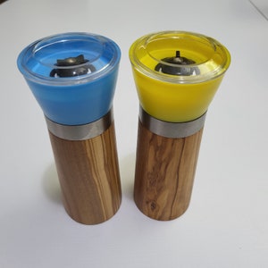 Set of 2 Medium Grinders for Salt and Pepper from Olive Wood with ceramic mechanism Perfect Gift Blue and Yellow image 4