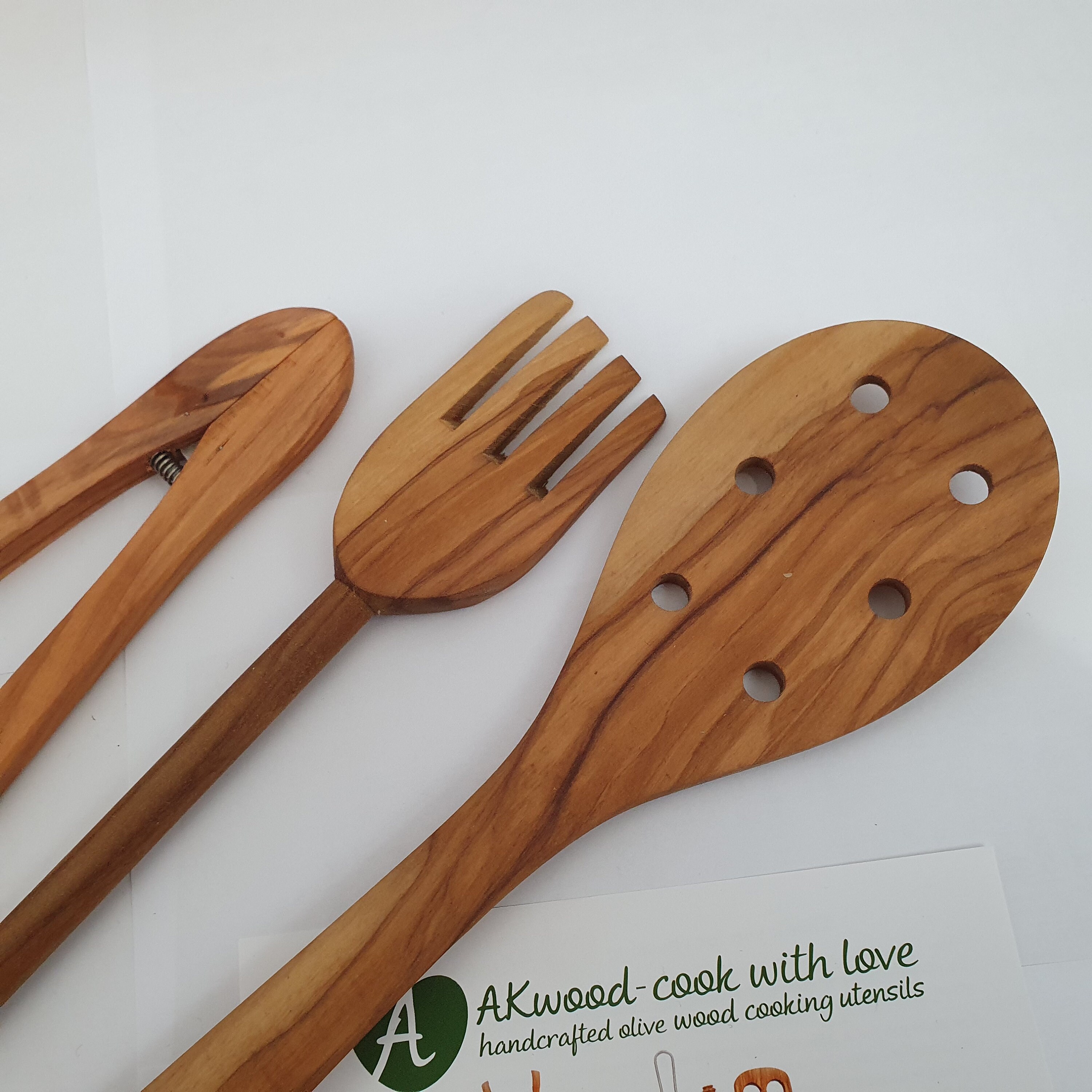 3 Unique Olive Wood Cooking Utensils Set of Big Spatula Tong Etsy UK