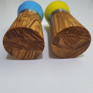 Set of 2 Small Grinders for Salt and Pepper from Olive Wood with ceramic mechanism Perfect Gift Yellow and Blue image 2