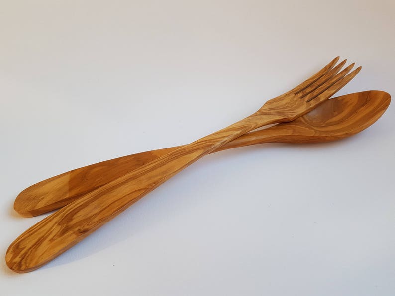 Olive Wood Curved Salad Server Set of Spoon Fork in 5 Etsy