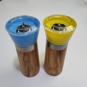 Set of 2 Medium Grinders for Salt and Pepper from Olive Wood with ceramic mechanism Perfect Gift Blue and Yellow image 1