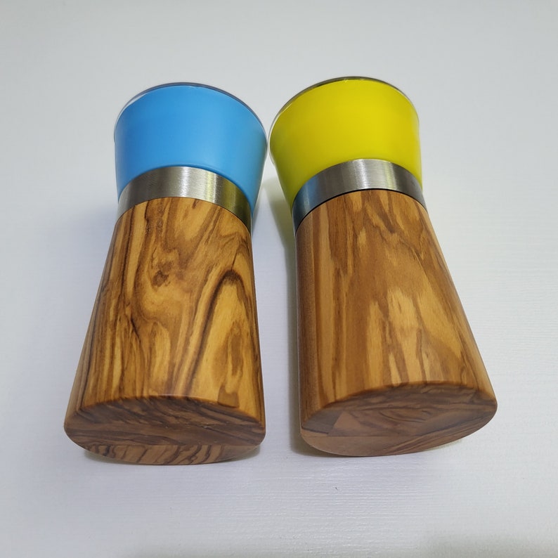 Set of 2 Small Grinders for Salt and Pepper from Olive Wood with ceramic mechanism Perfect Gift Yellow and Blue image 1