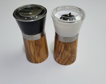 Set of 2 Small Grinders for Salt and Pepper from Olive Wood with ceramic mechanism - Perfect Gift - Black and White