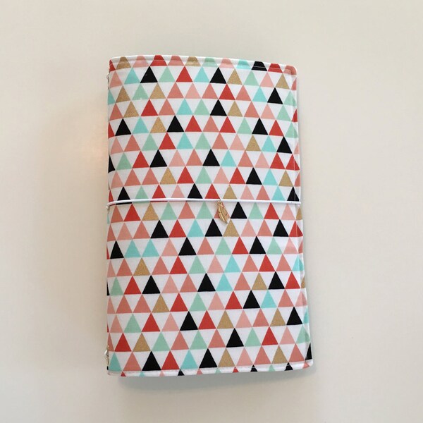 Mint, Gold and Various Triangles Fabric Fauxdori, Midori-style cover, traveler's notebook, dori