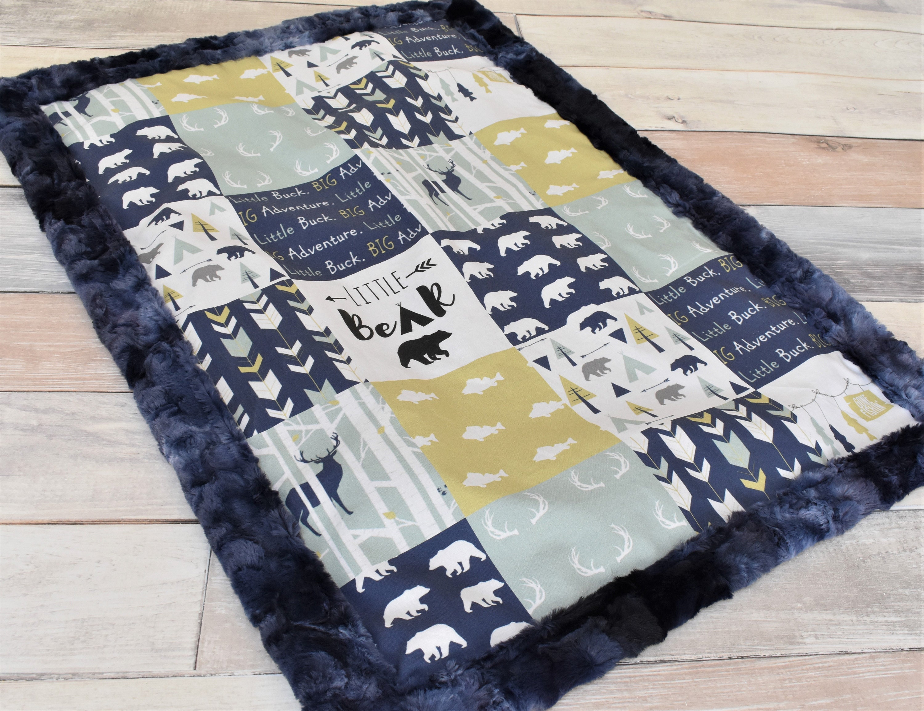 Country forest bear wolf deer scenery Baby crib blanket/ throw Black white and grays forest adventure themed baby blanket.